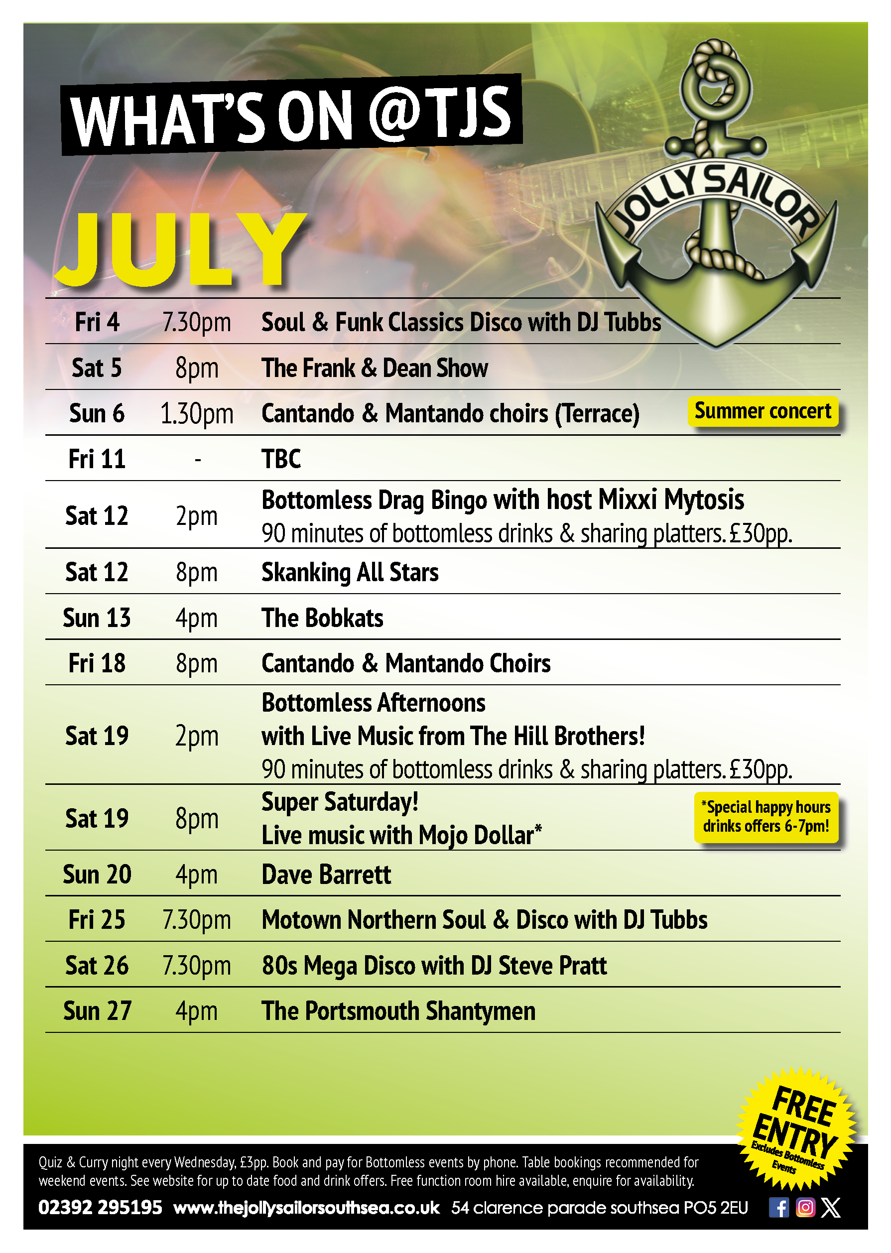 july, discos, live music, free entry, events, pub, portsmouth