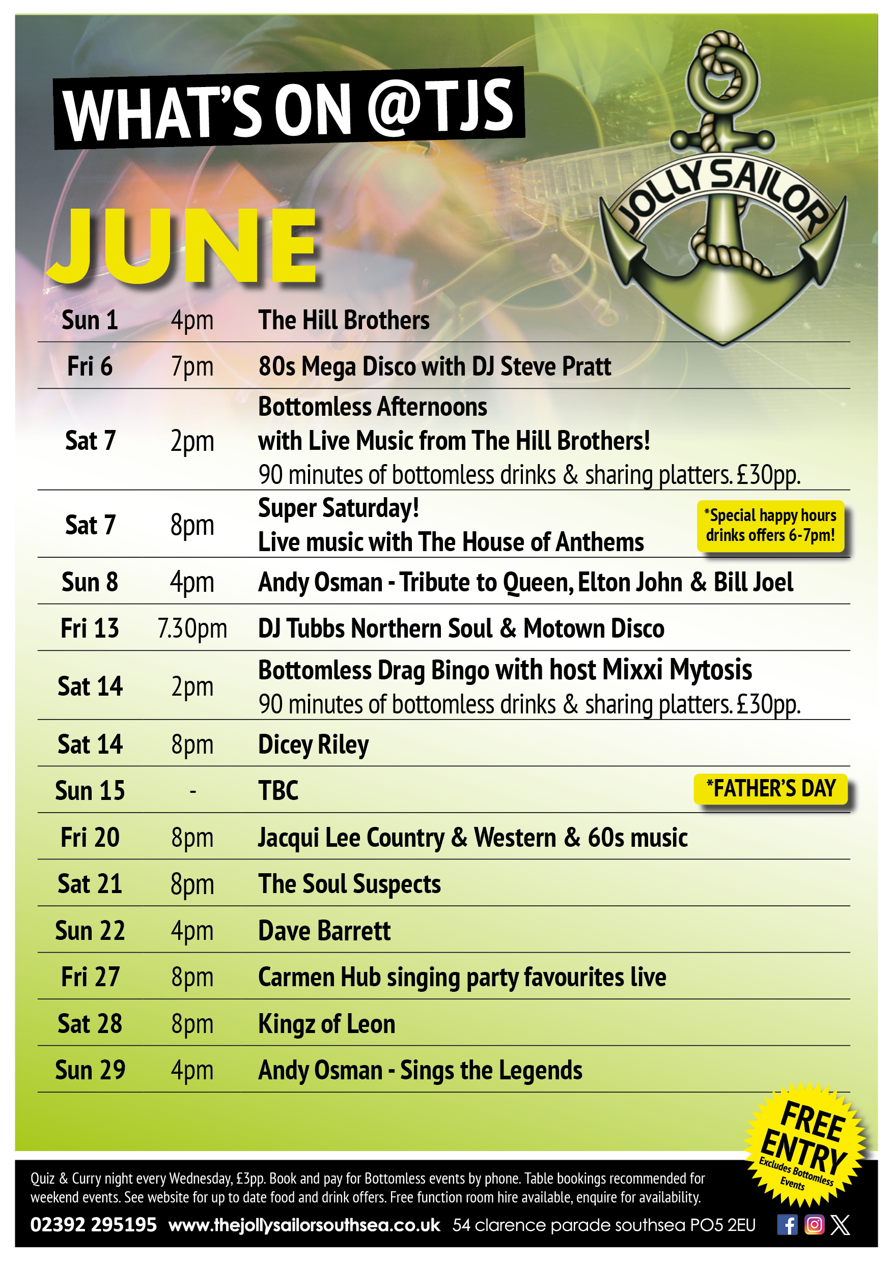 june events, guide, music, live bands, tribute acts, portsmouth, free entry, pubs