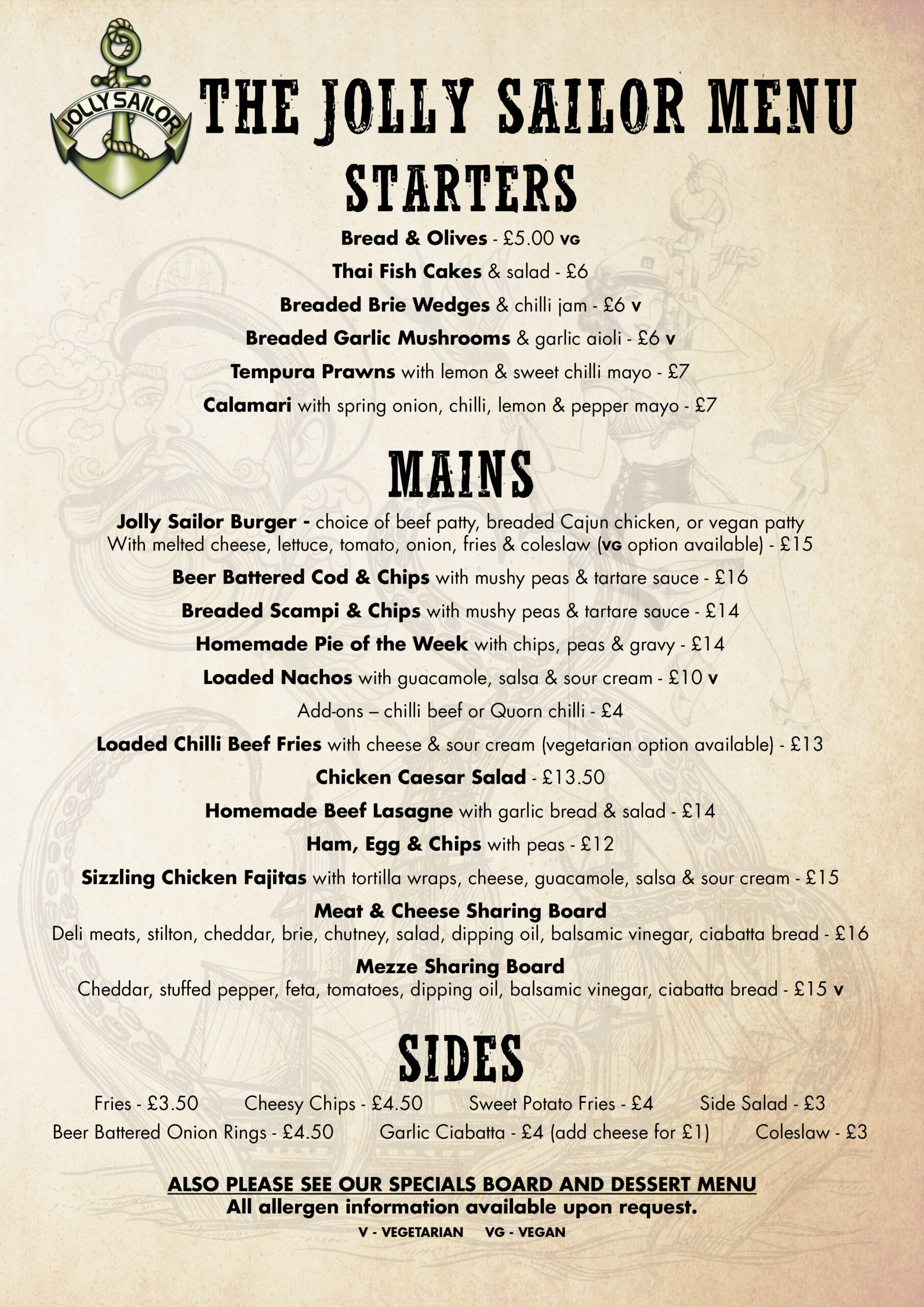 menu, food, pub food, meals, starters, mains, specials, sunday roasts, souothsea