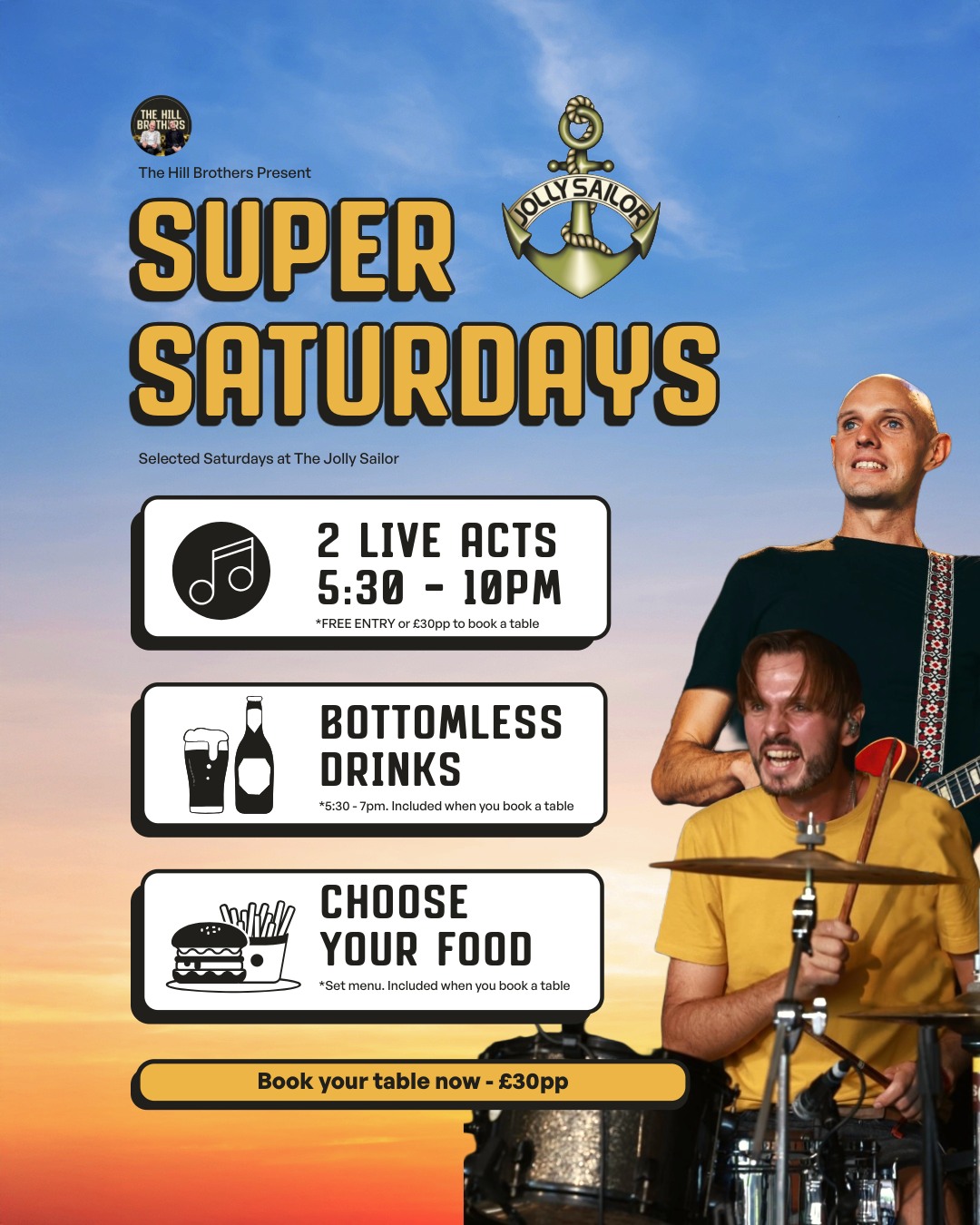 live music, hill brothers band, portsmouth, saturdays, food and bottomless drinks, brunch, southsea