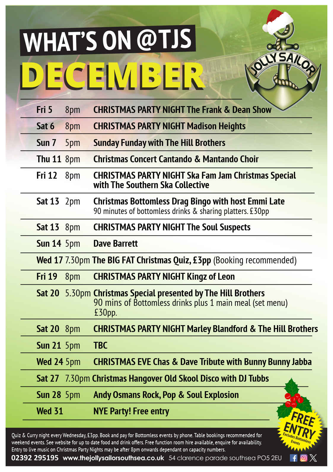 christmas events, party nights, bands, bottomless brunch, portsmouth