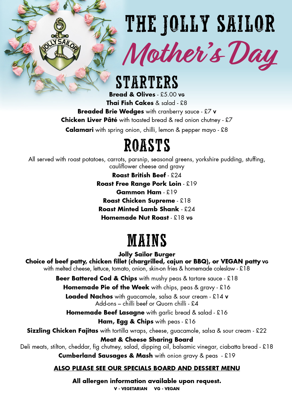 sunday menu, mothers day lunch, roasts, pub food, southsea