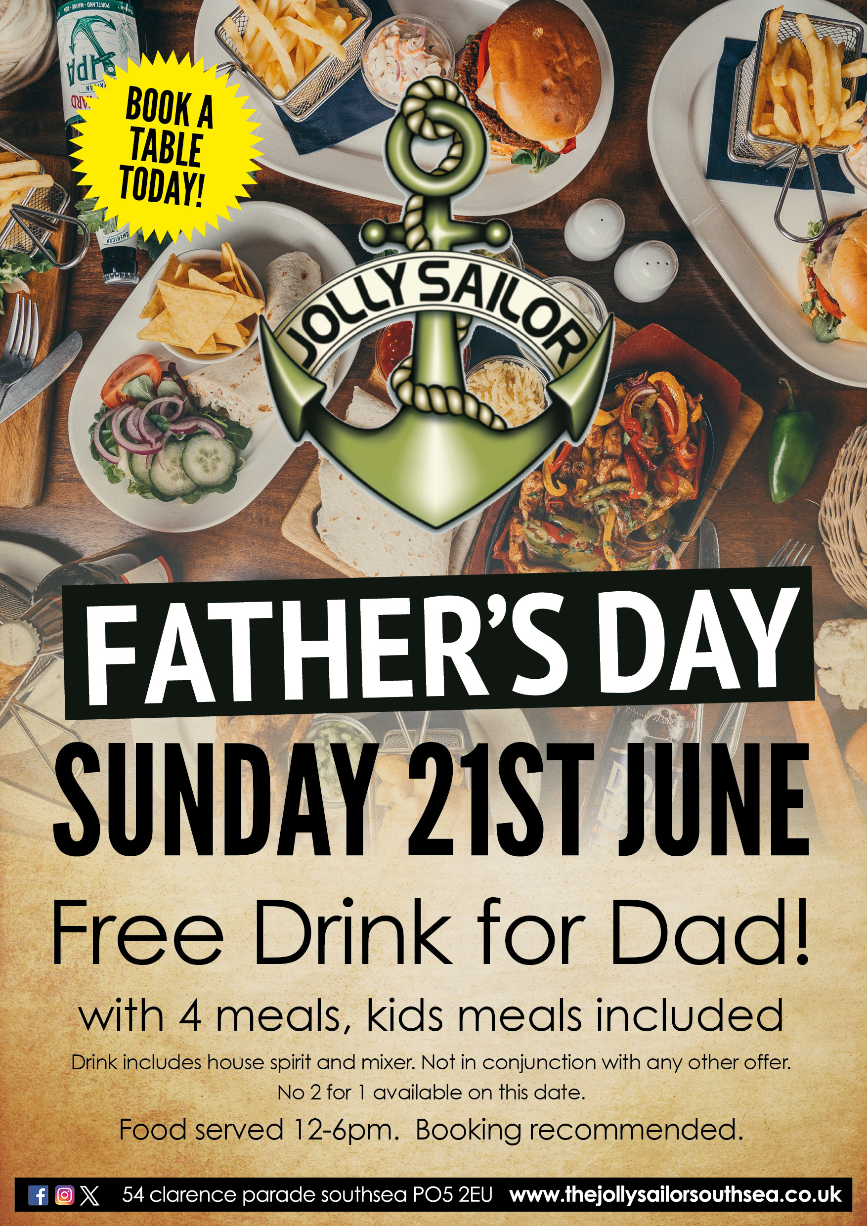 fathers day, southsea, free drink, offers, special occasion, sunday lunch